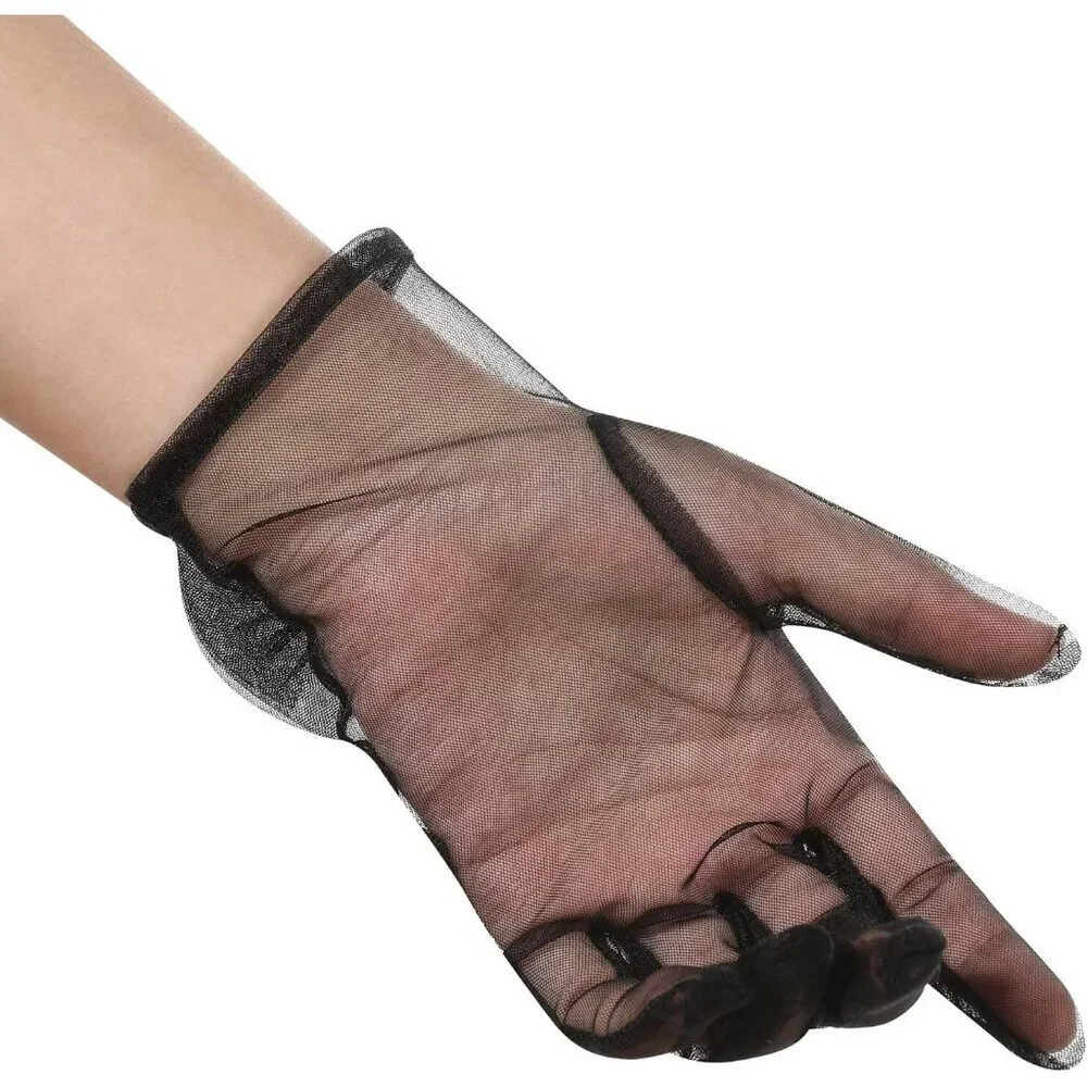 Women's Bow Pink Evening Sheer Tulle Short Length Gloves Wrist Tea Party Prom